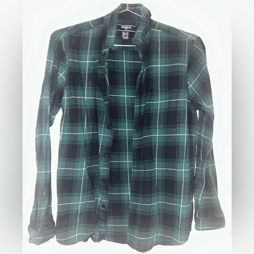 Forever 21 Dark Green Plaid Button Down flannel Shirt S men women’s checkered